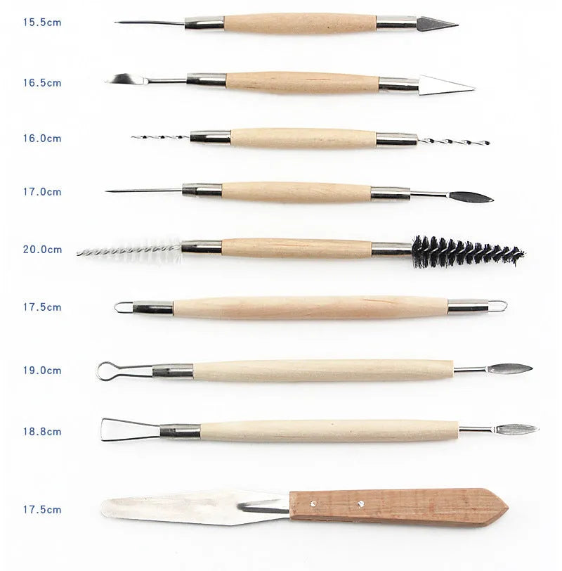27-piece pottery clay tool set with stainless steel, wood, and plastic sculpting tools rolled in a package.