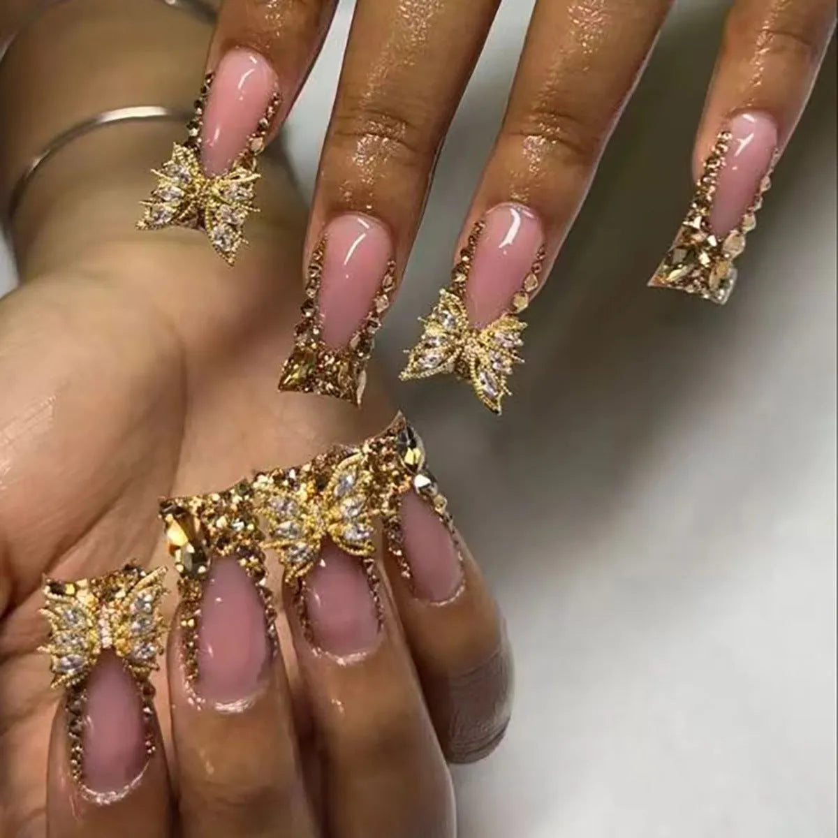 Golden diamond and butterfly nail stickers D34 colour with jelly glue applicator