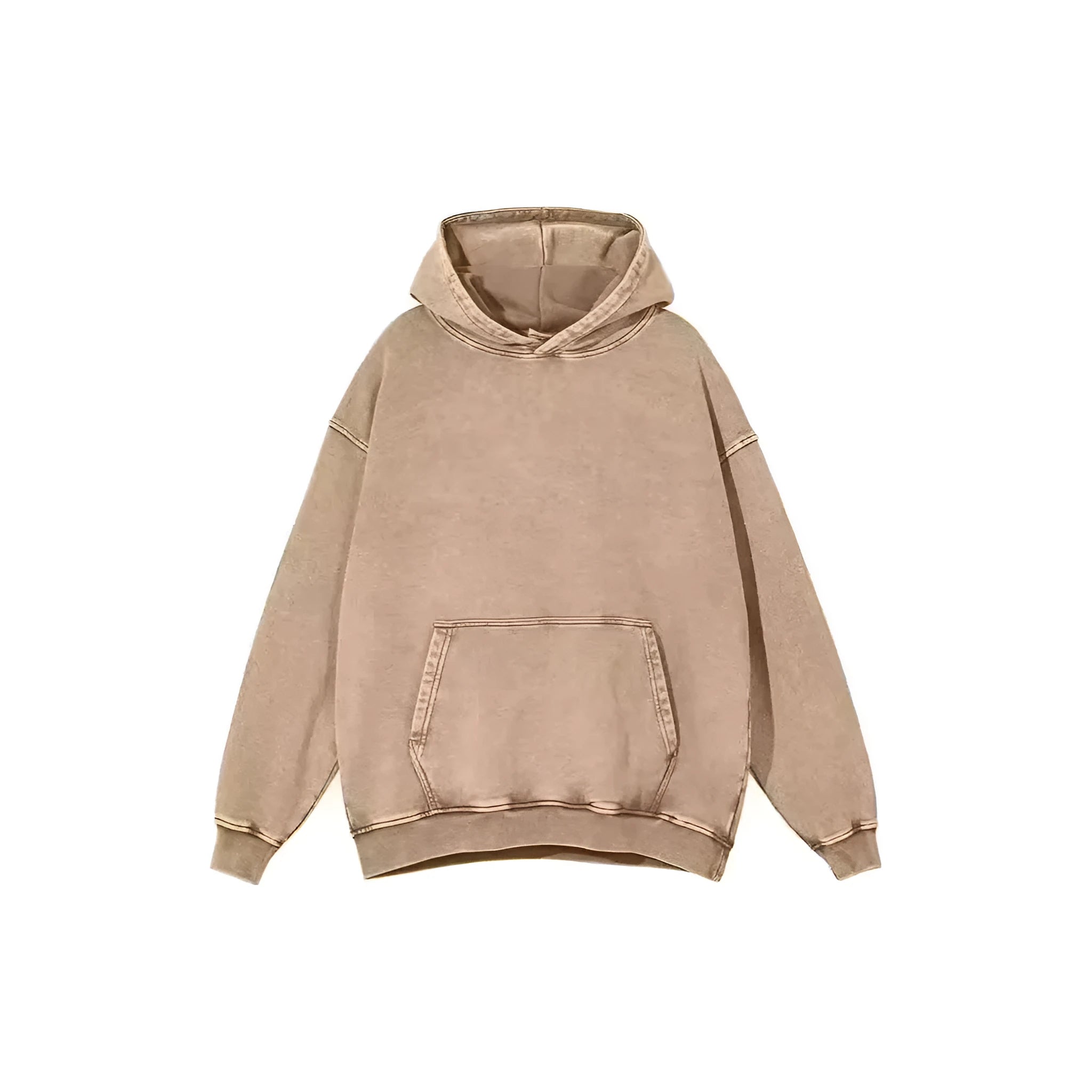 Men's loose-fit collarless hoodie in washed cotton with batik print, showing drop-shoulder sleeves.