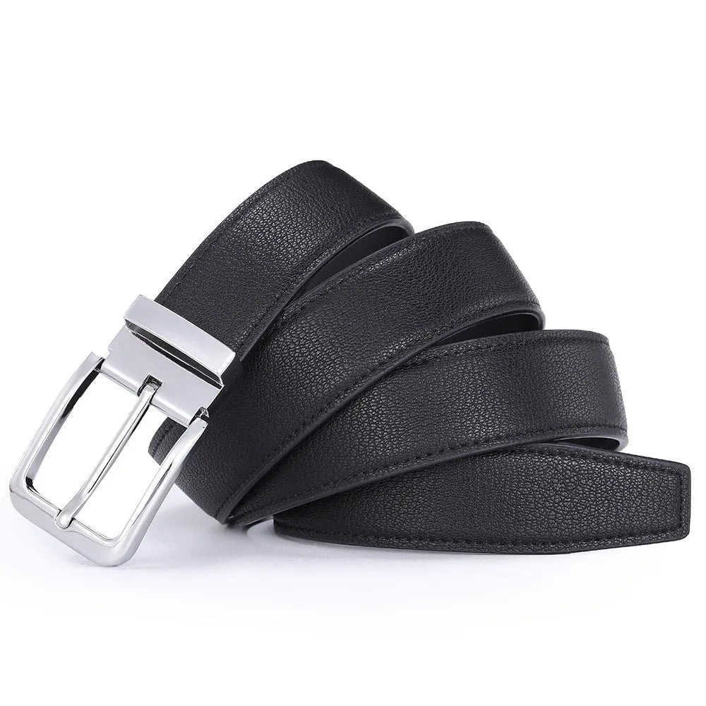 Men's brown genuine leather belt with alloy pin buckle showing embossed water flow pattern