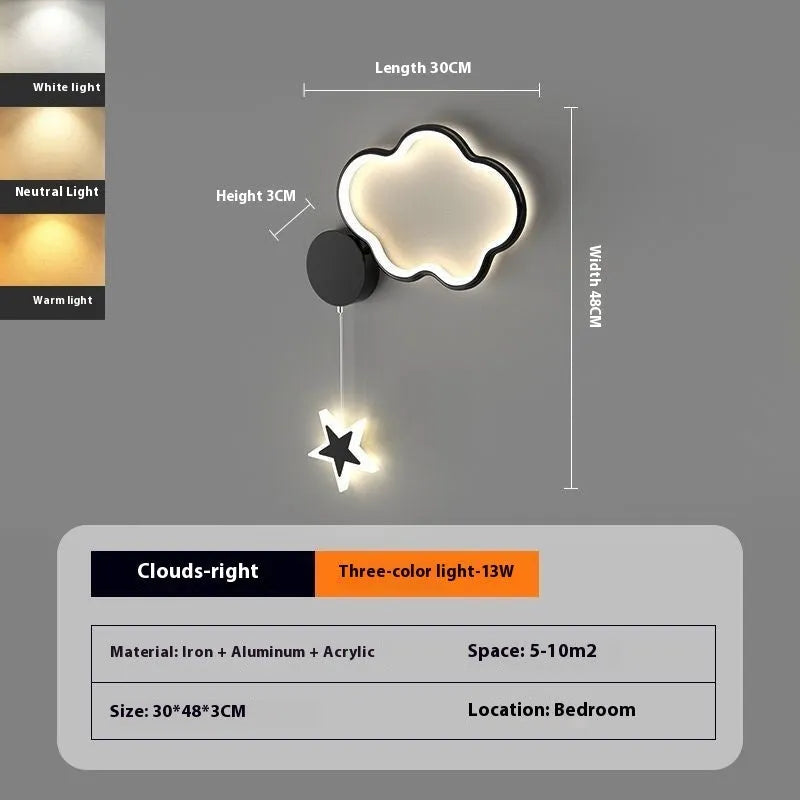 White left-facing cloud children's bedside wall lamp with a three-colour LED light on a bedroom wall.