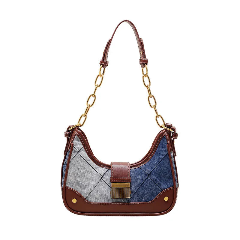 Brown denim women's shoulder bag with chain straps and diamond mesh decorative accents
