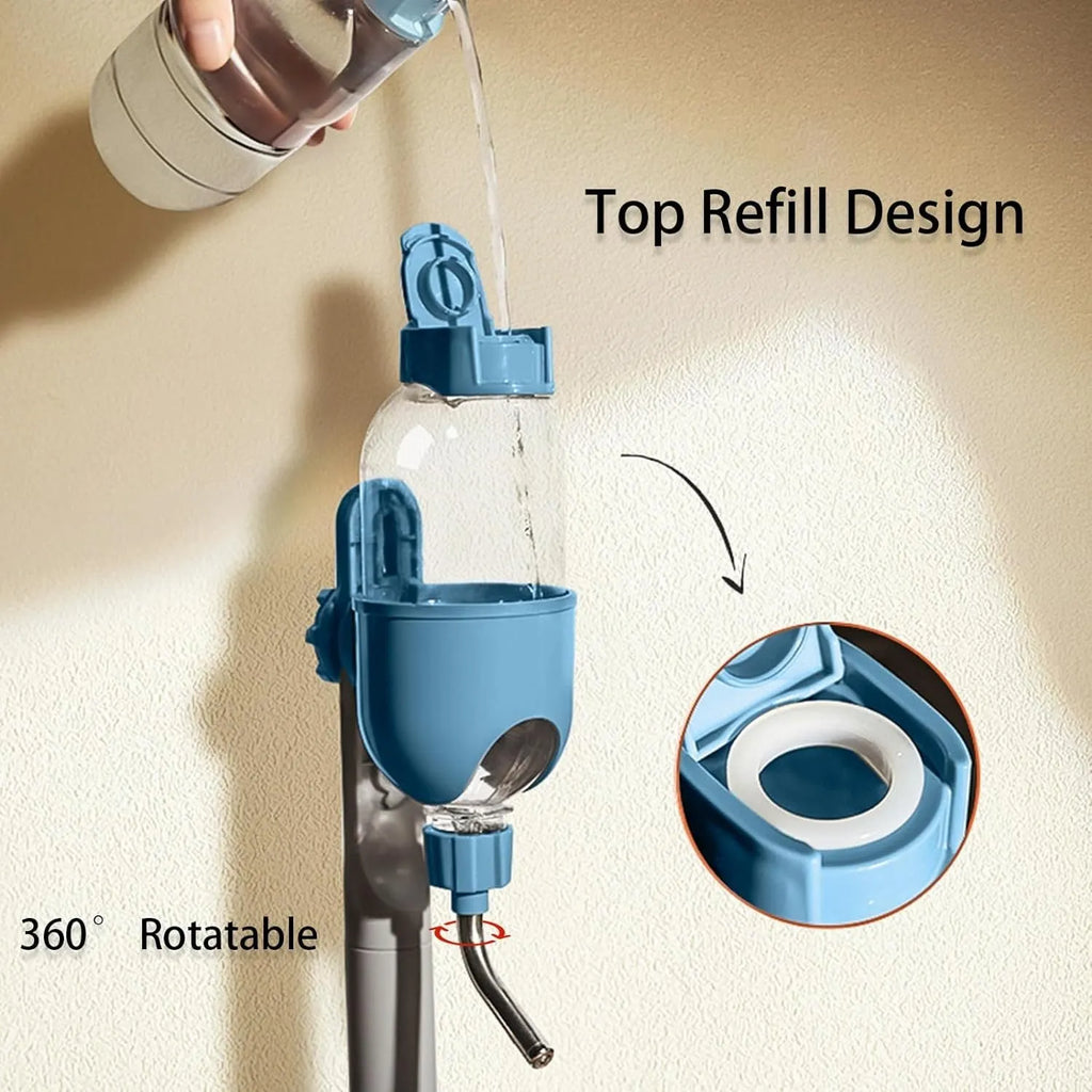 Blue pet water bottle with rotatable nozzle mounted on small animal cage