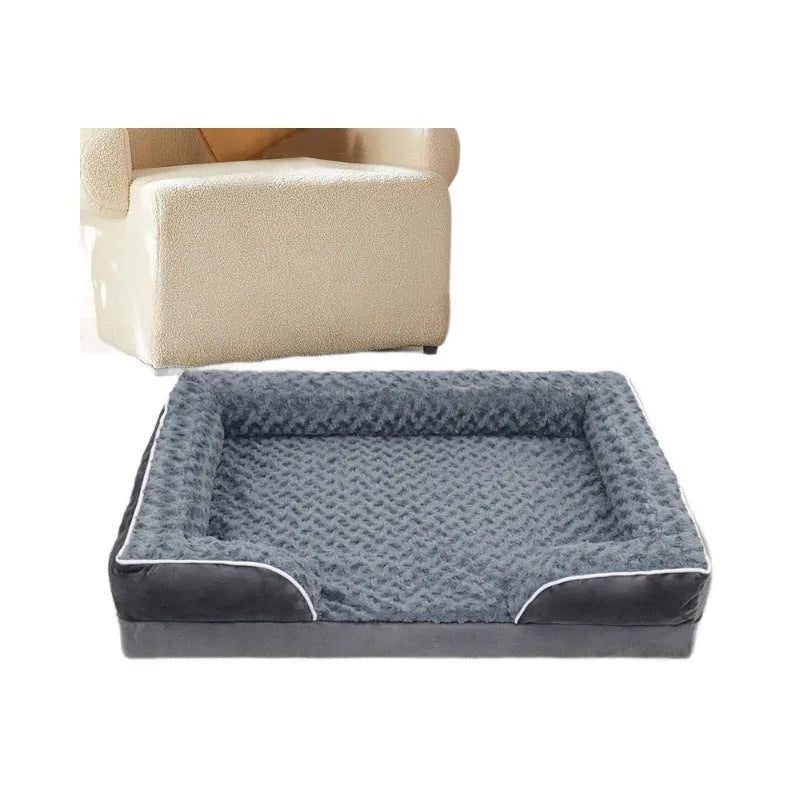 Waterproof removable dog kennel pad in light grey, shown in a large size next to a dog crate.