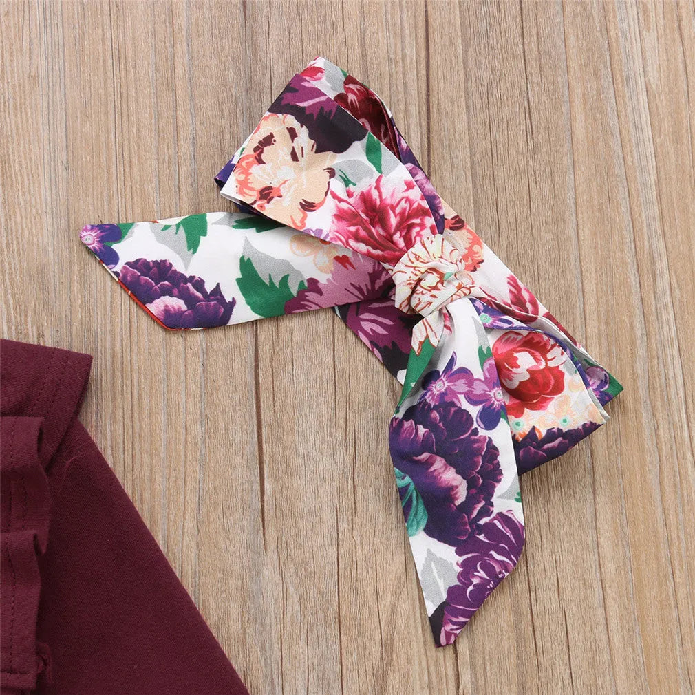 Ramia Ruffle Set for baby girls: pink long sleeve ruffle top with floral skirt and headband