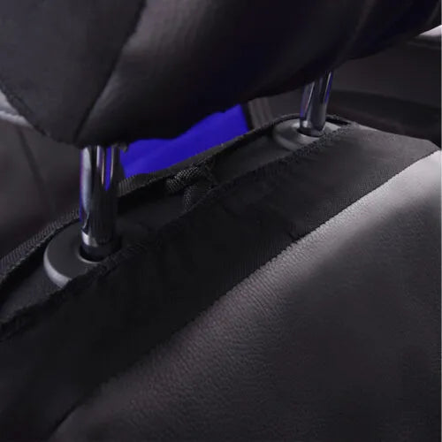 Black artificial leather car seat covers installed on front seats of a 5-seater vehicle.