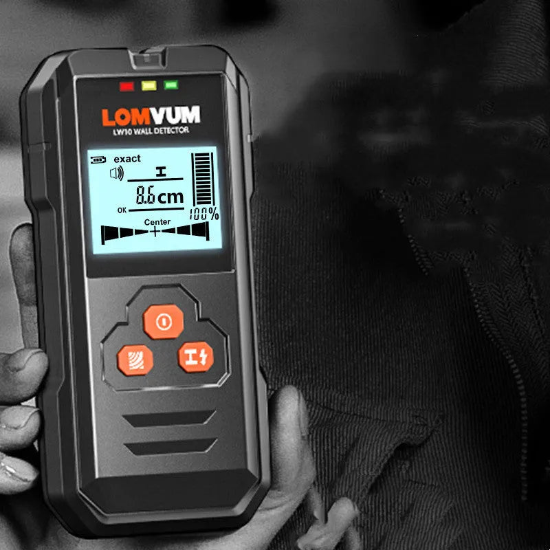 Handheld multifunctional wall detector tool for finding metal, wires, and wood behind walls.