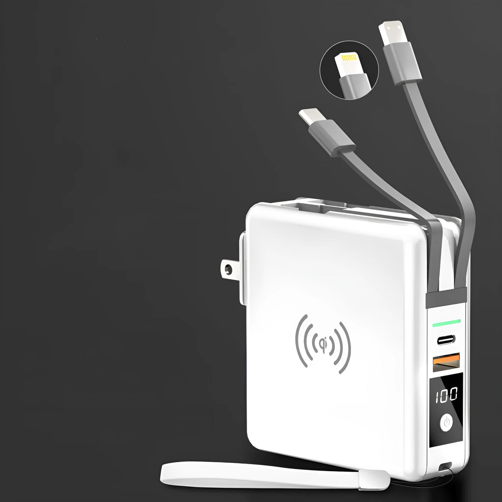 Black and white power bank with built-in plug and set of international travel adapters.