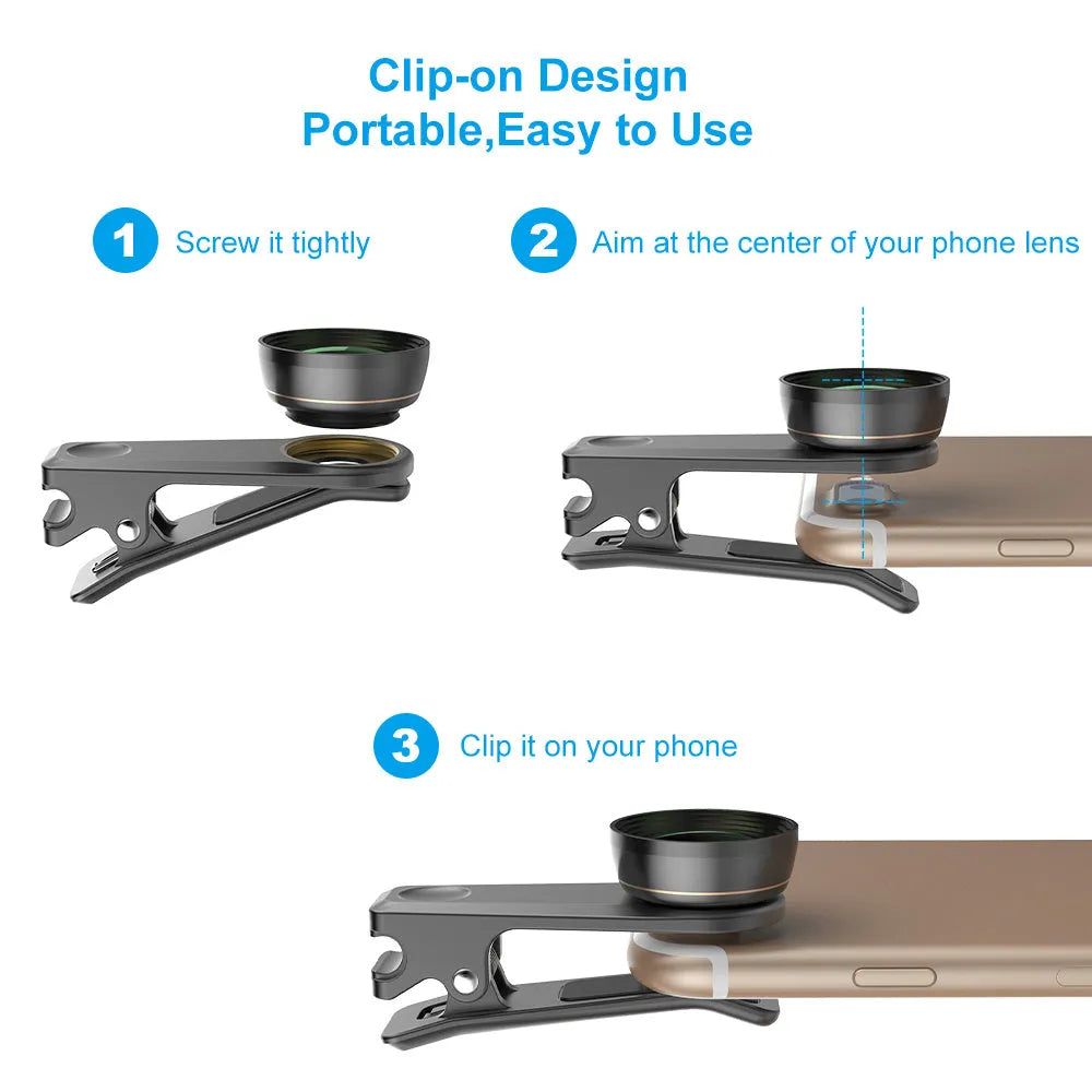 Black 6-in-1 smartphone camera lens kit with fisheye, macro, wide-angle, telephoto, CPL and star filter lenses on universal clip.