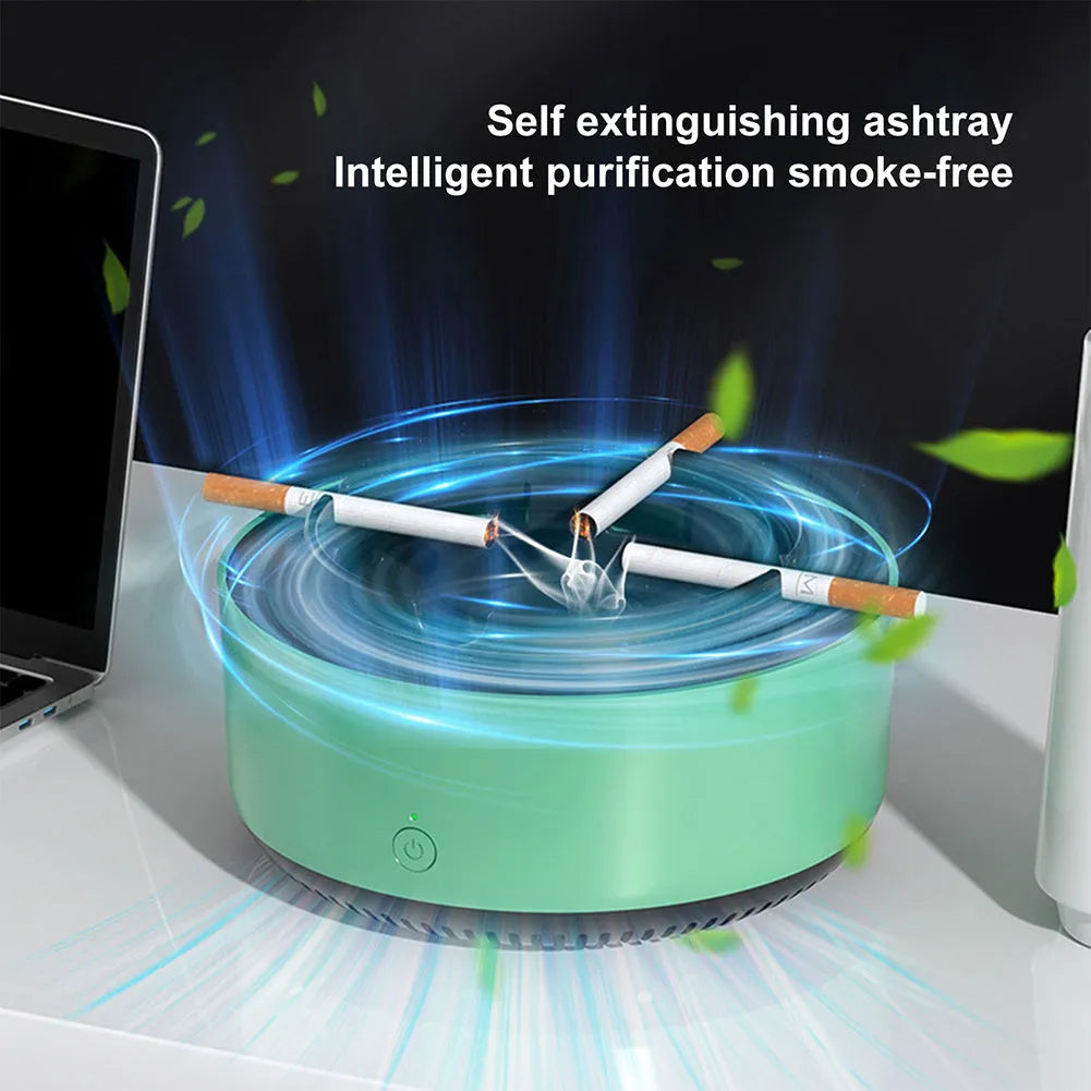 Grey intelligent electronic air purifier ashtray on a table with cigarette