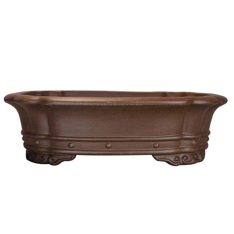 Purple sand rectangular begonia flower pot with antique finish on desktop