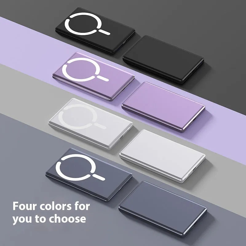 Ultra-thin 9mm magnetic power bank with alloy shell in black, dark grey, silver or violet colours