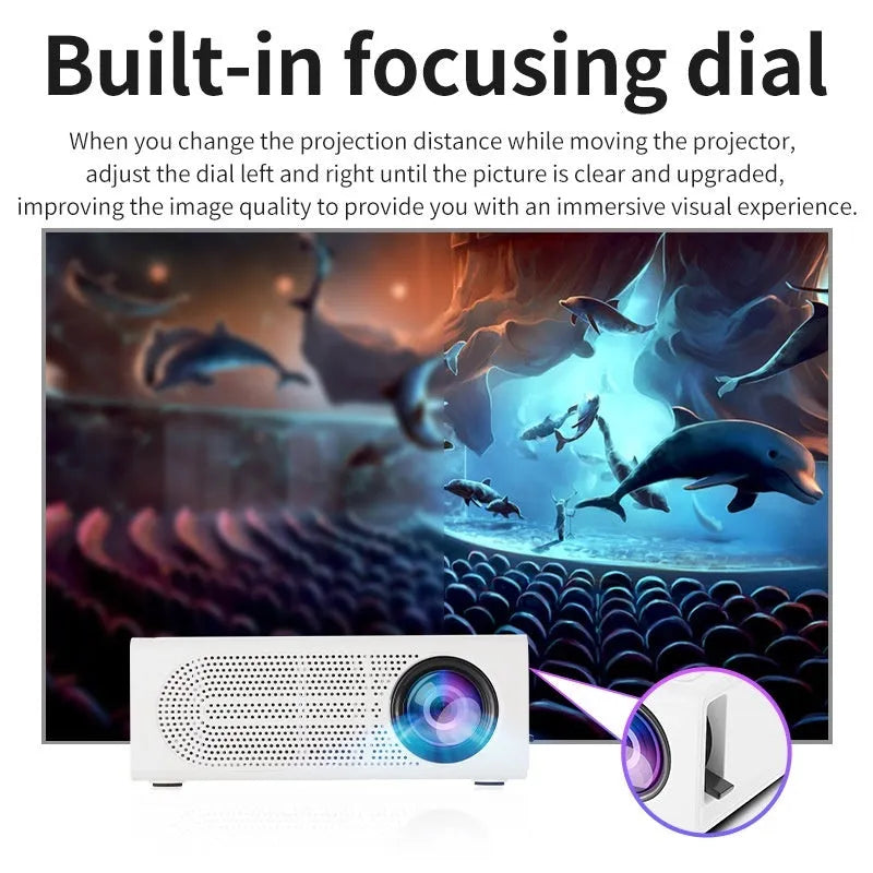 Black and white portable mini projector with wired mobile phone connectivity and 320x240 resolution display