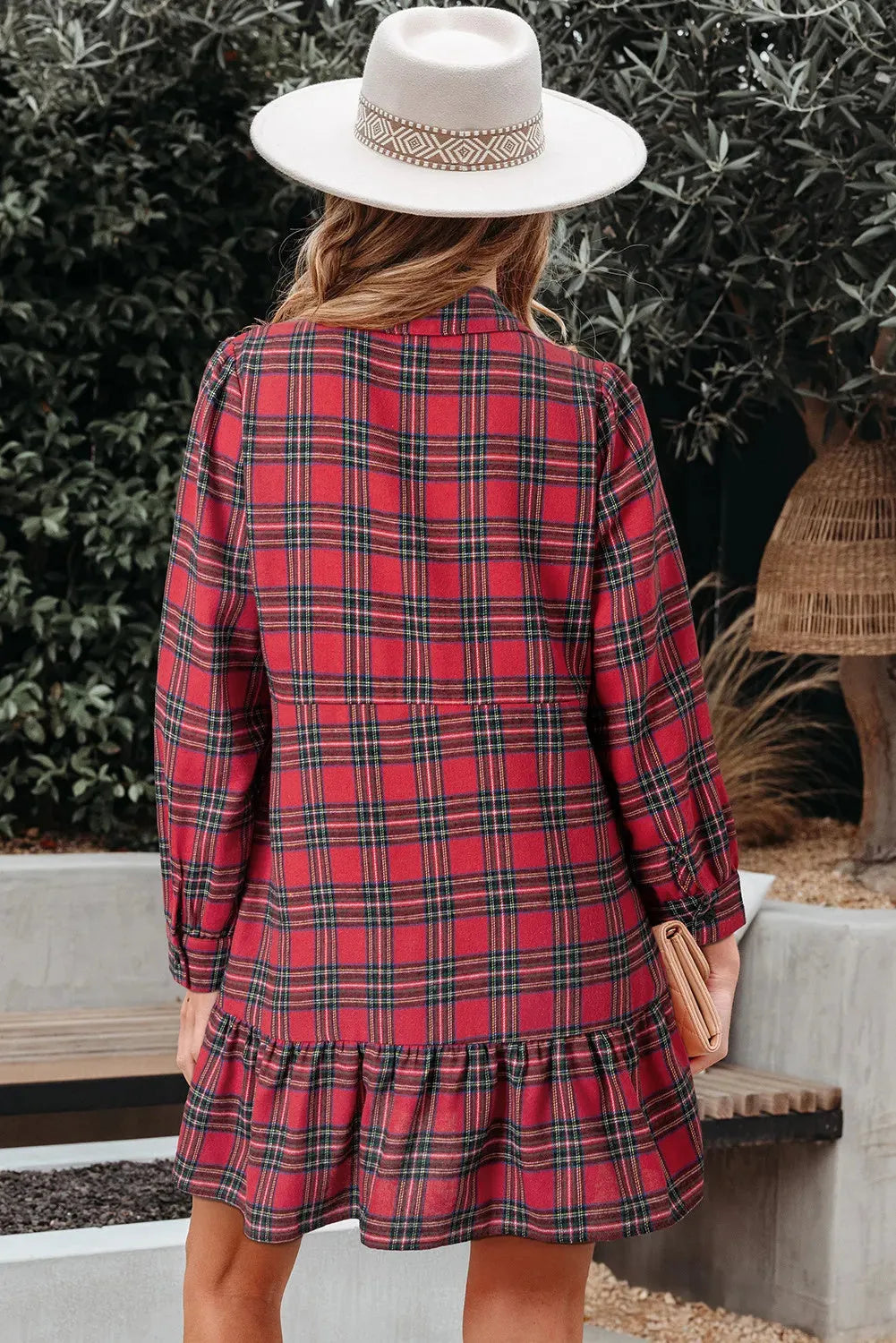 Red plaid shirt collar mini dress with long sleeves, half-button front, and ruffle hem.