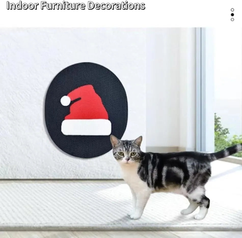 Wall mounted vertical cat scratching pad made of brown corrugated cardboard on a white wall.