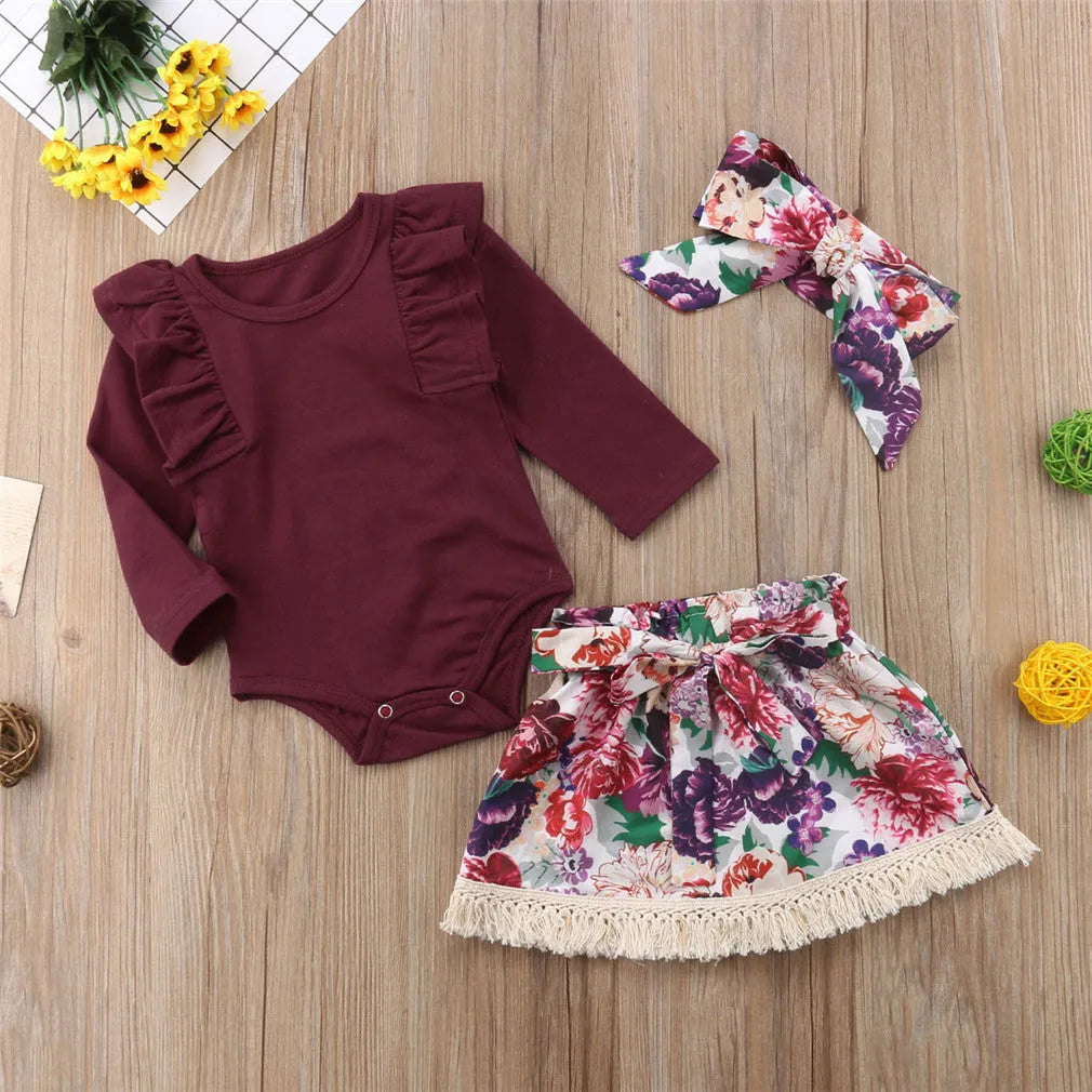 Ramia Ruffle Set for baby girls: pink long sleeve ruffle top with floral skirt and headband
