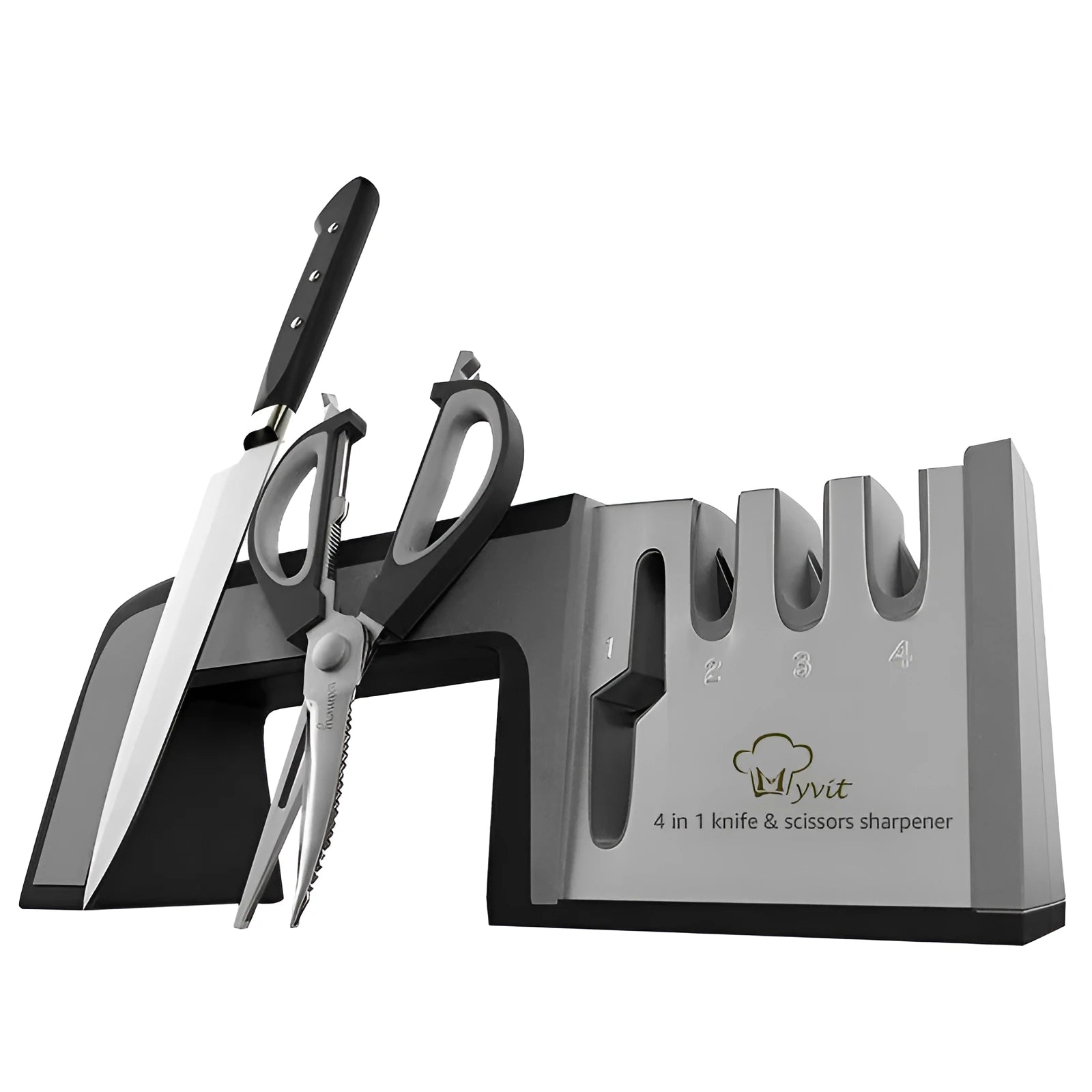 4-in-1 kitchen knife sharpener in black plastic with multiple sharpening slots.