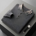 Men's loose-fit cashmere knitted pullover in coffee, with lapel collar and long sleeves, front view.