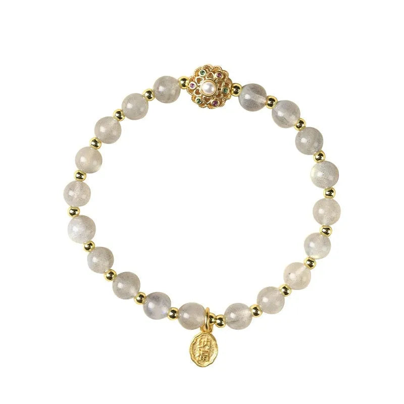 Hand-woven crystal bracelet with grey Moonstone, pink Sunstone and peach strawberry quartz 6mm beads