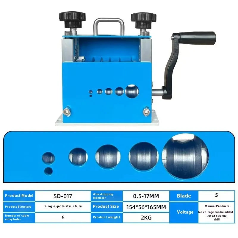 SD-017 manual household wire stripping machine showing compact grey body with wire aperture.