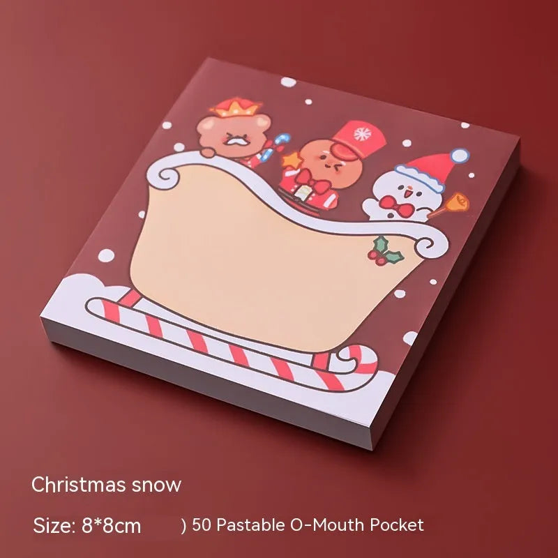 Christmas cartoon sticky notes set showing elf, gift, sled, crystal ball, Santa, house, bear, and snowman designs