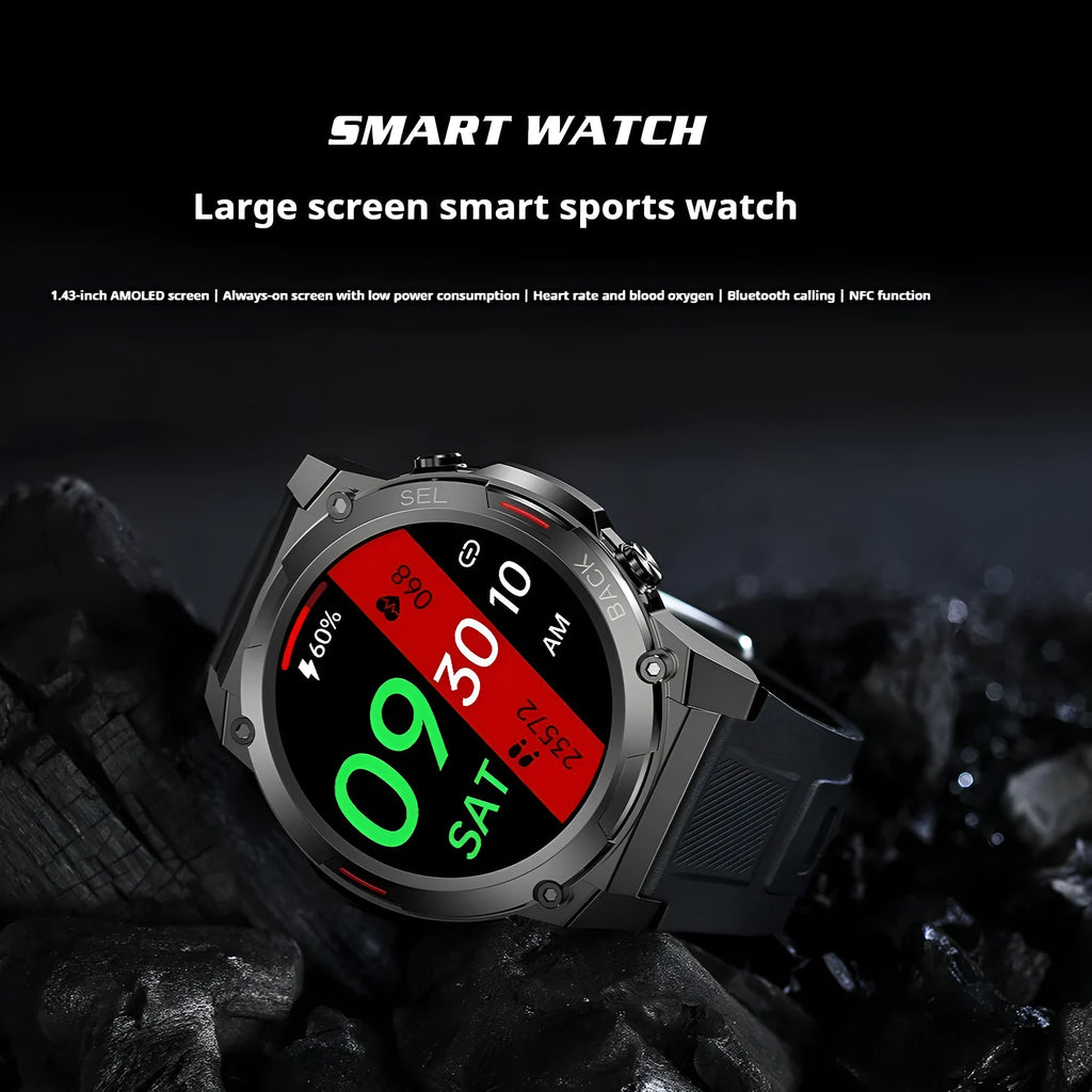 Anti-fall IP68 waterproof NFC smart watch with 143-inch AMOLED screen in black showing health metrics