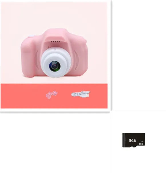 X2 HD mini cartoon kids digital camera in silicone body with 2-inch screen and lanyard.
