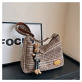 Women's large soft wool crossbody shoulder bag in a horizontal square shape, shown in red, khaki, and brown colour options.