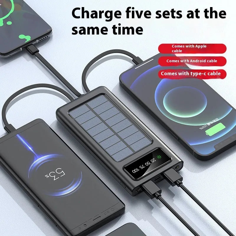 Black and white solar power bank with 20000 mAh capacity and charging cables