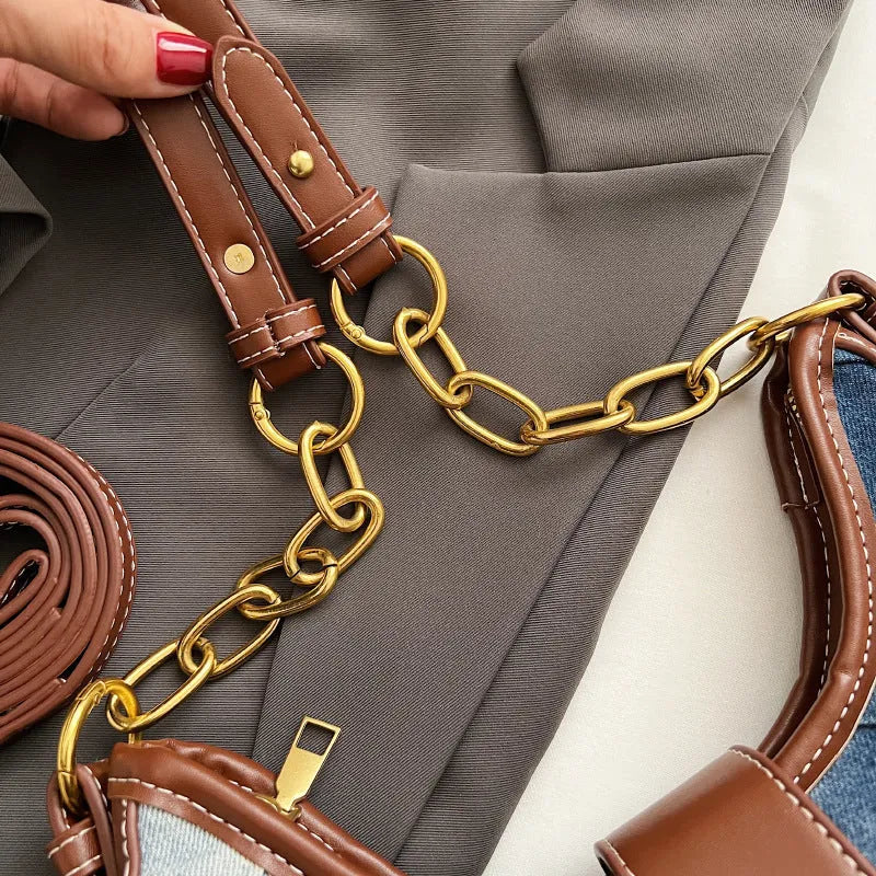 Brown denim women's shoulder bag with chain straps and diamond mesh decorative accents