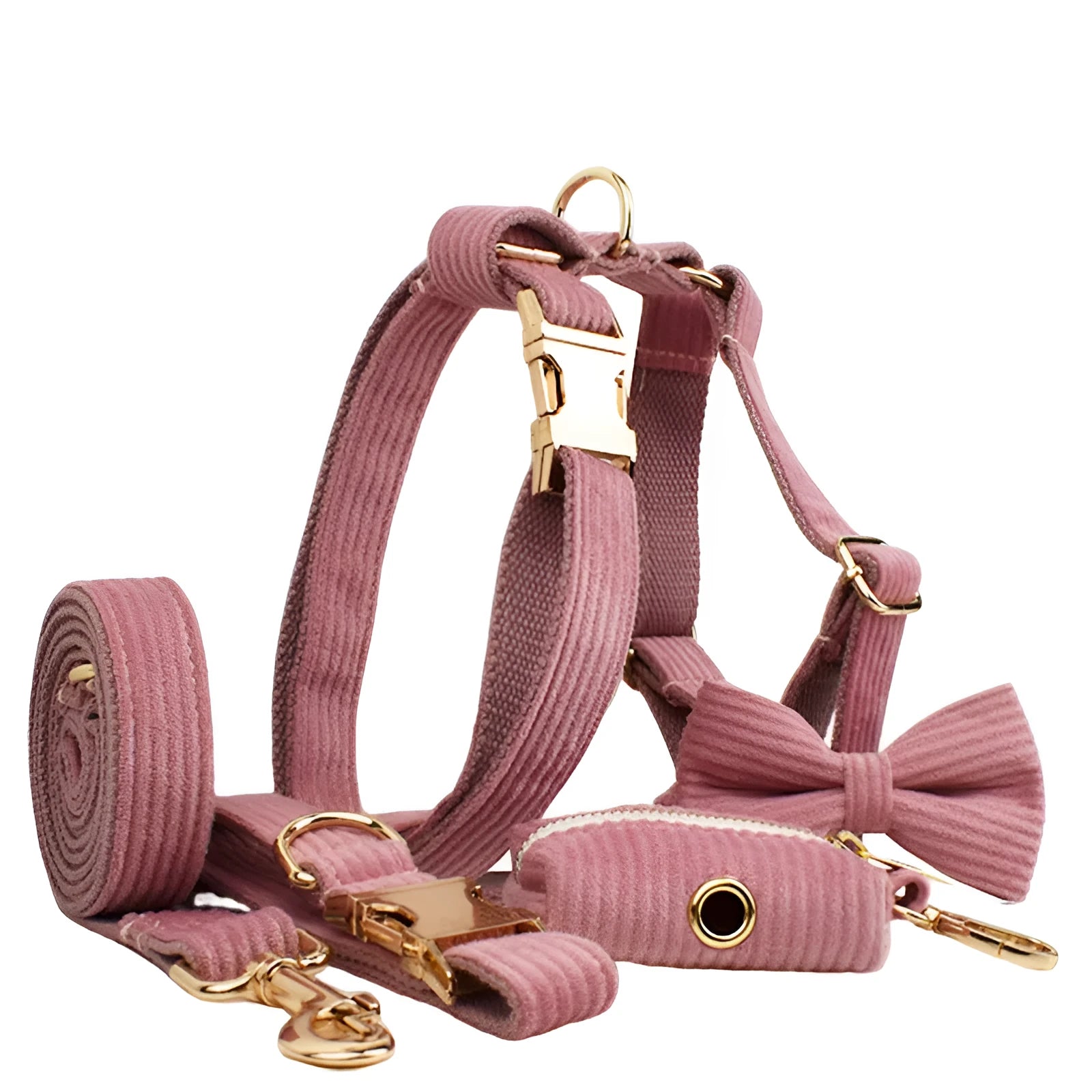 Red corduroy dog collar and matching traction rope set with vest, bow, and poop bag accessories