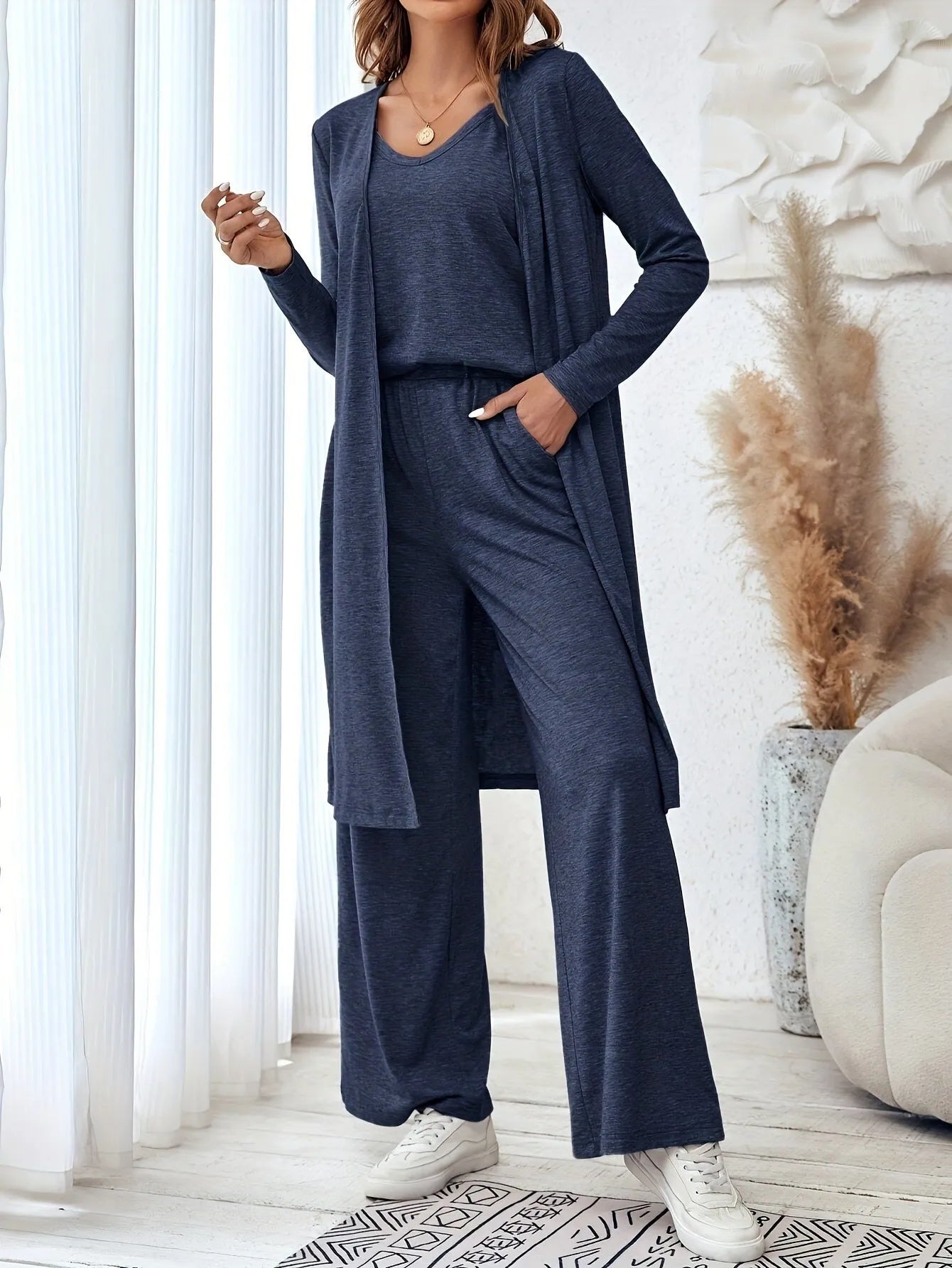 Blue polyester women's casual three-piece suit with sling top, cardigan and trousers
