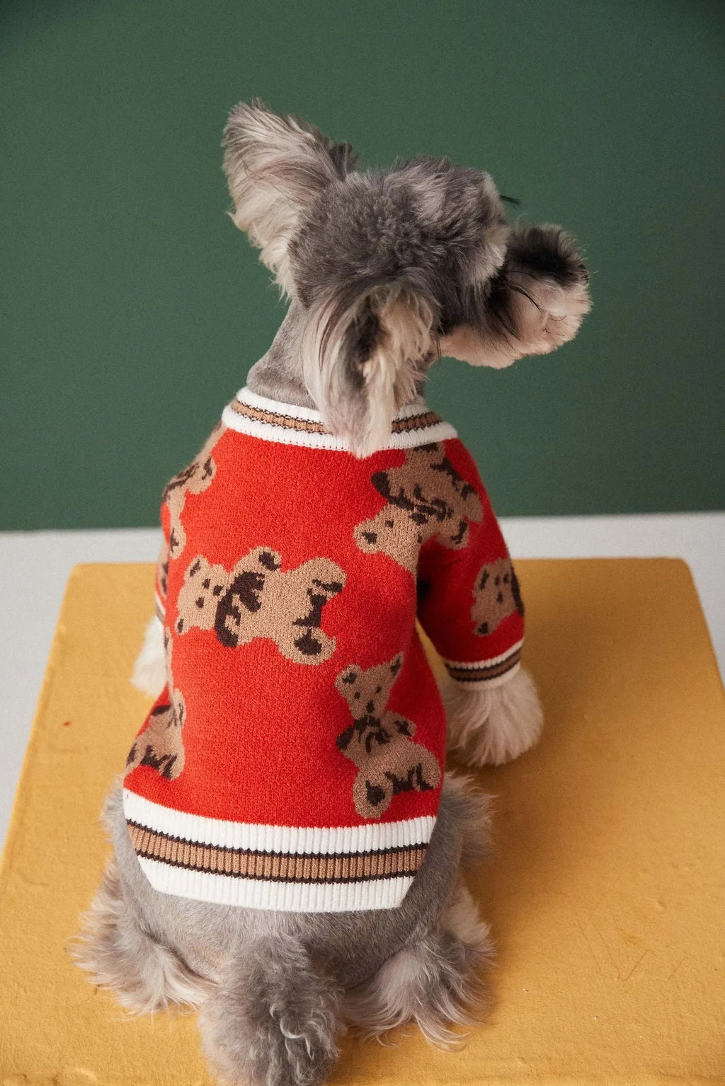 Preppy style wool striped pet sweater for dogs cats in beige colour with V-neck and leash hole on back