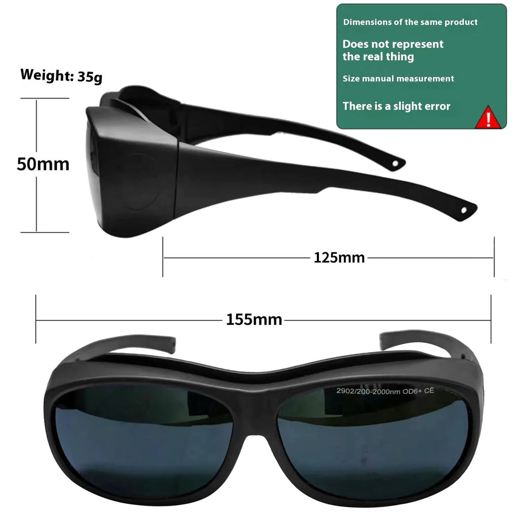 A pair of clear polycarbonate laser safety goggles for welding and skin treatment protection.
