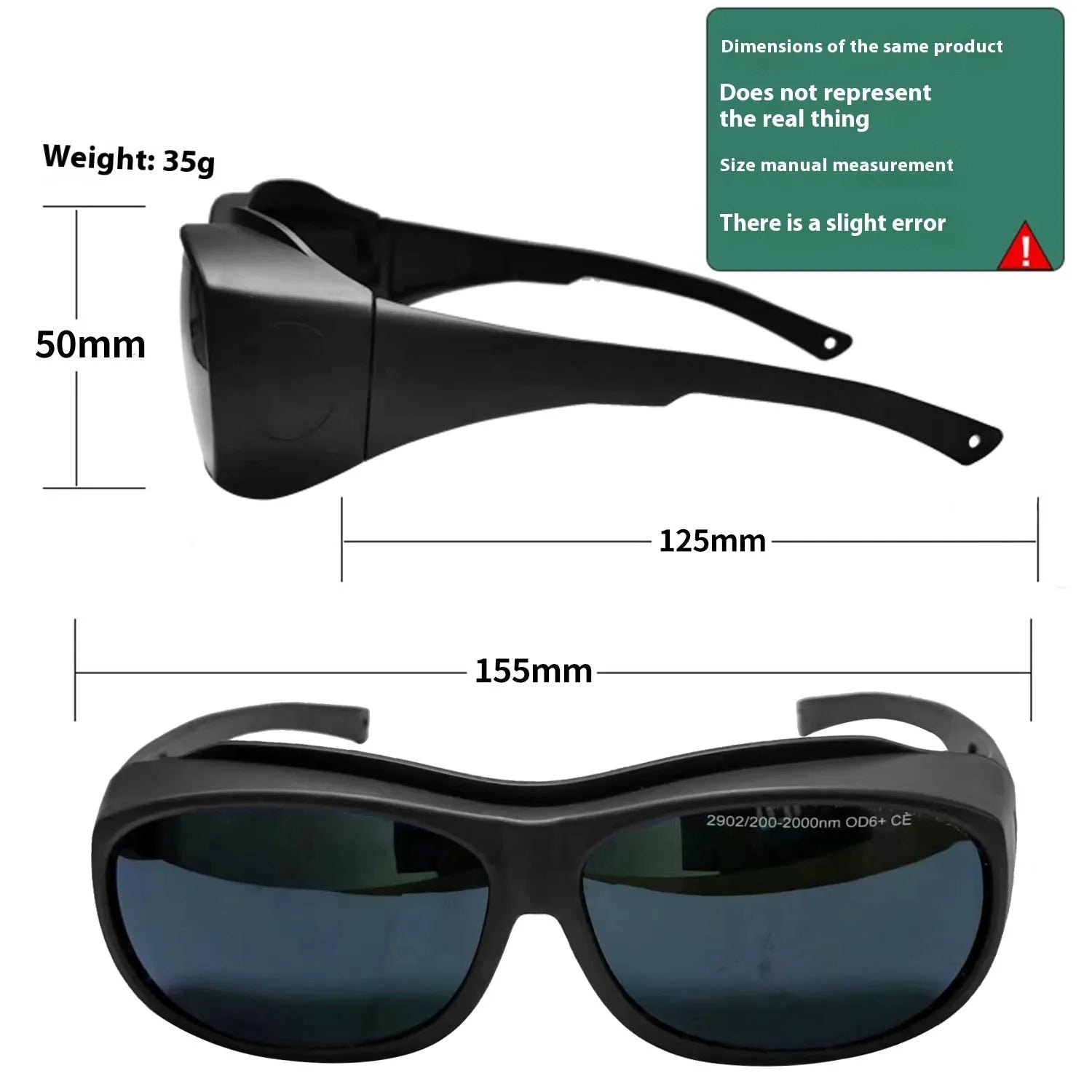 A pair of clear polycarbonate laser safety goggles for welding and skin treatment protection.