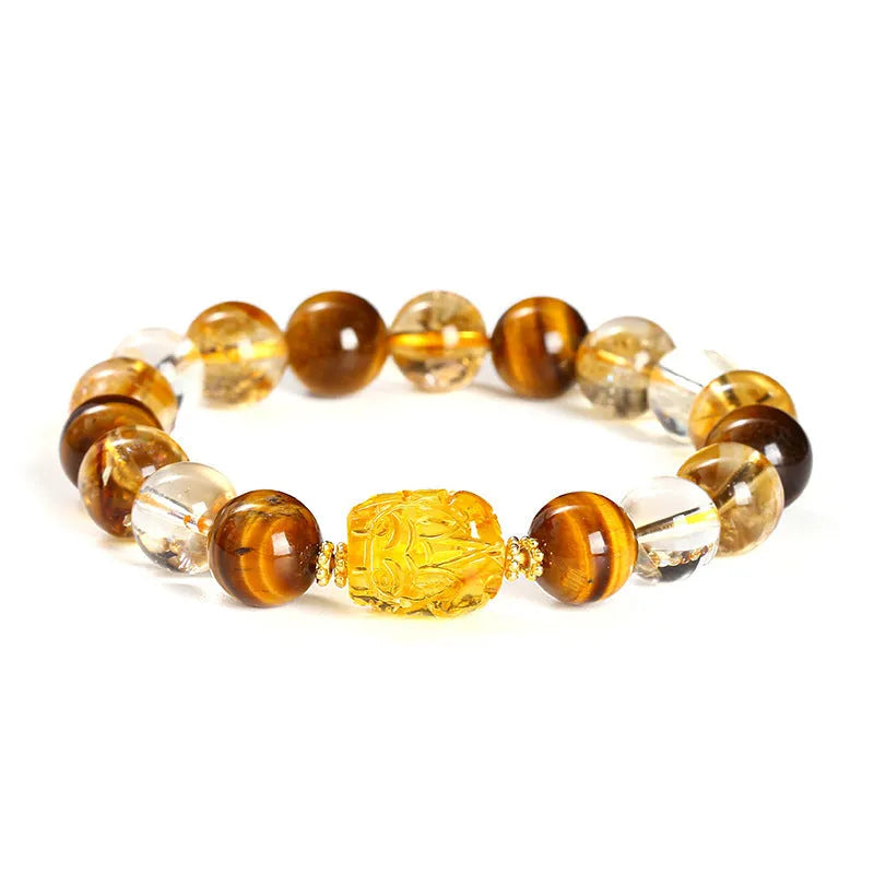 Yellow Tiger's Eye and citrine Pi Xiu bracelet with 10mm round geometric beads and steel details