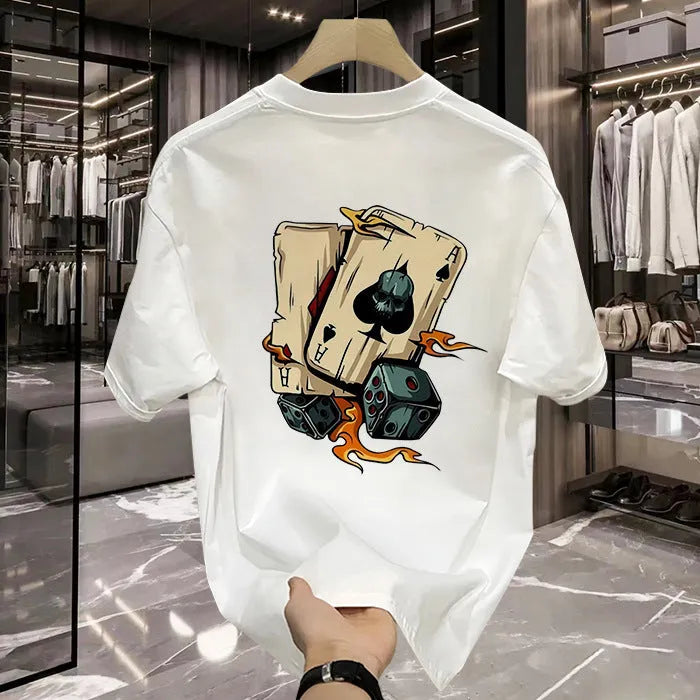 Men's heavyweight black cotton short-sleeved T-shirt with printed design, showing fabric texture and fit