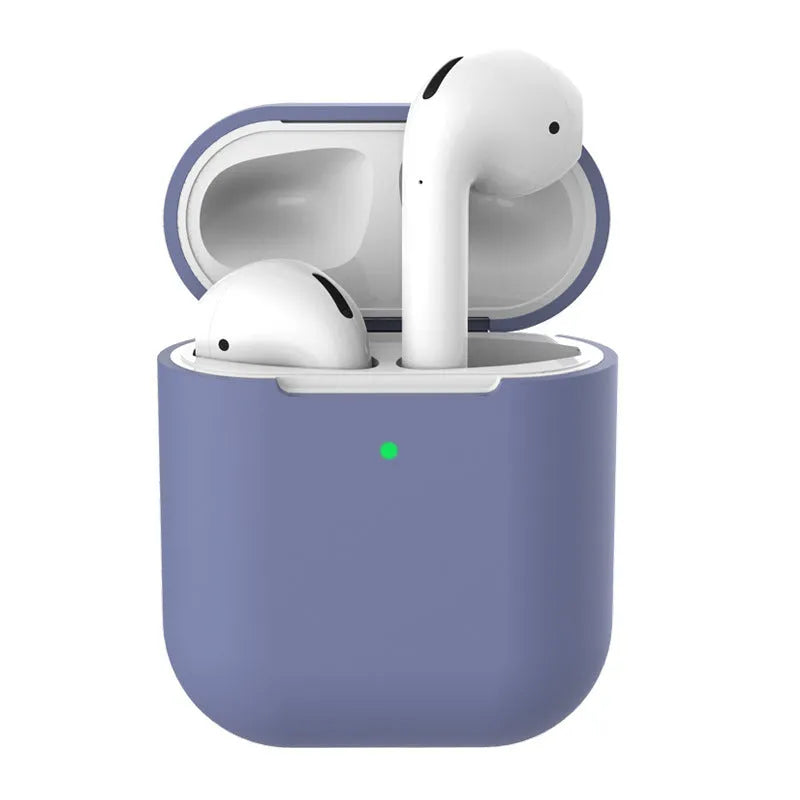 Silicone clamshell protector case for AirPods 2 wireless earphones shown in multiple colour options.