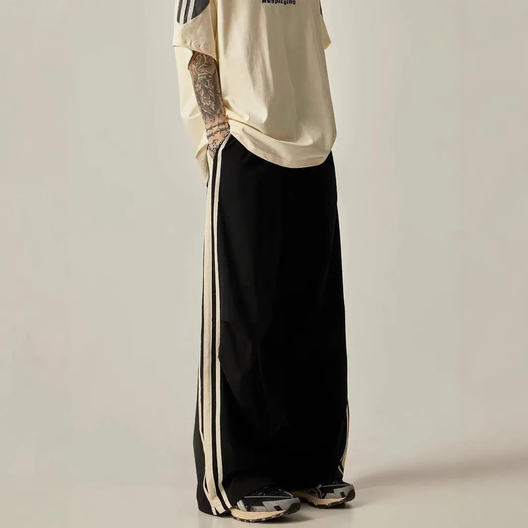 Black men's wide leg climbing pants with high waist and straight cut design