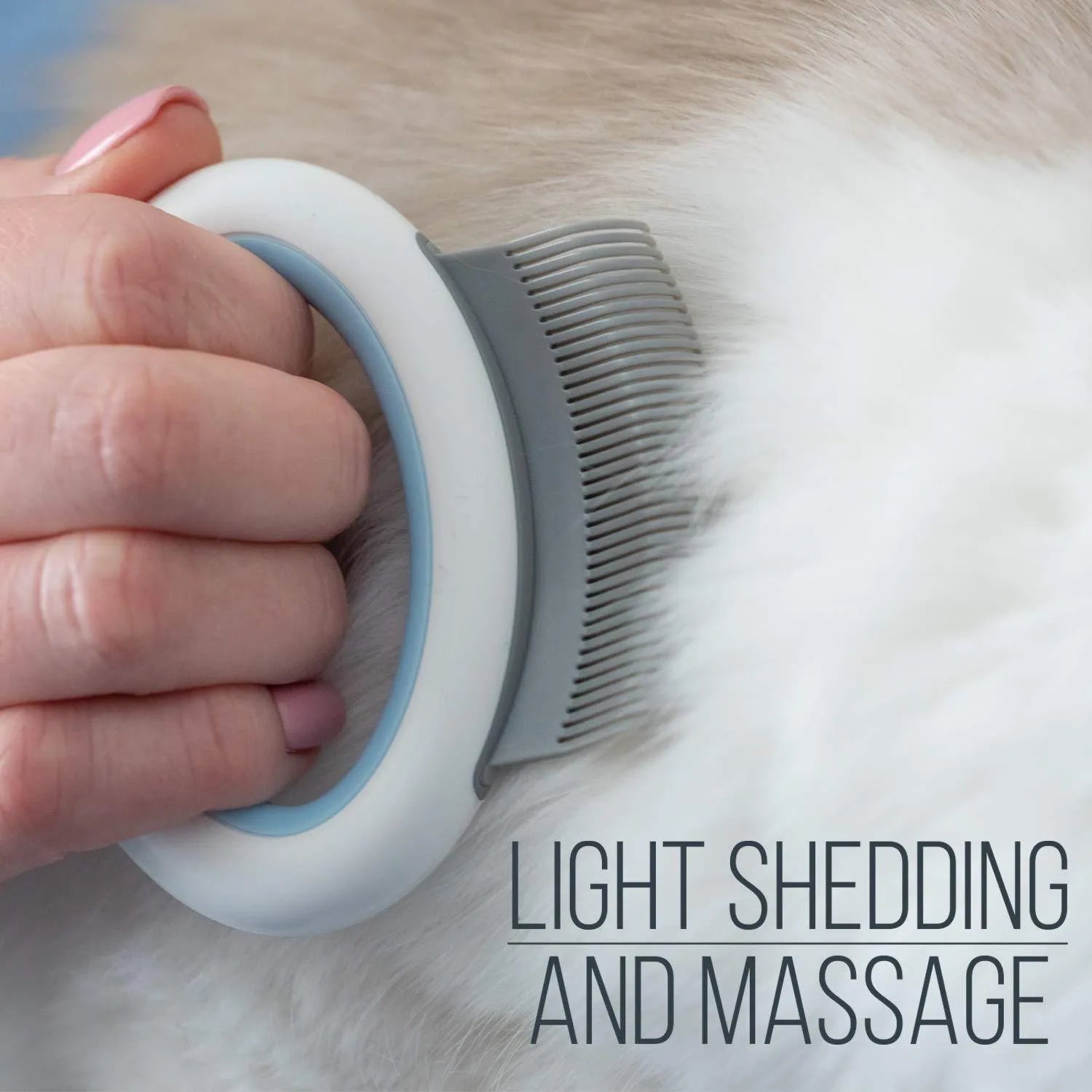 Blue ergonomic pet deshedding comb for cats and dogs on a white background.