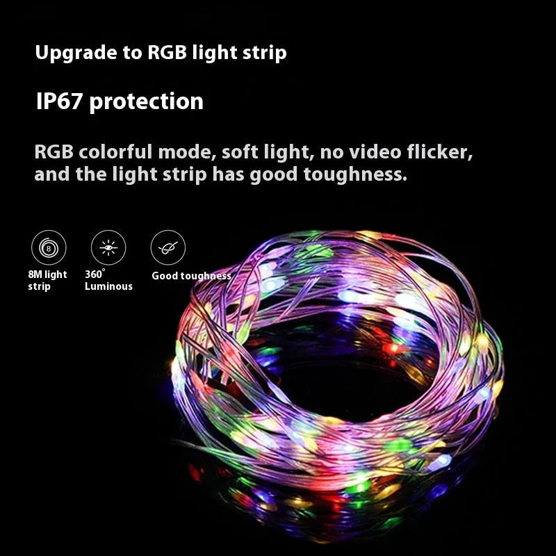 Long strand of 30 rechargeable LED bead lights for outdoor tents, showing warm white and colourful lighting options.