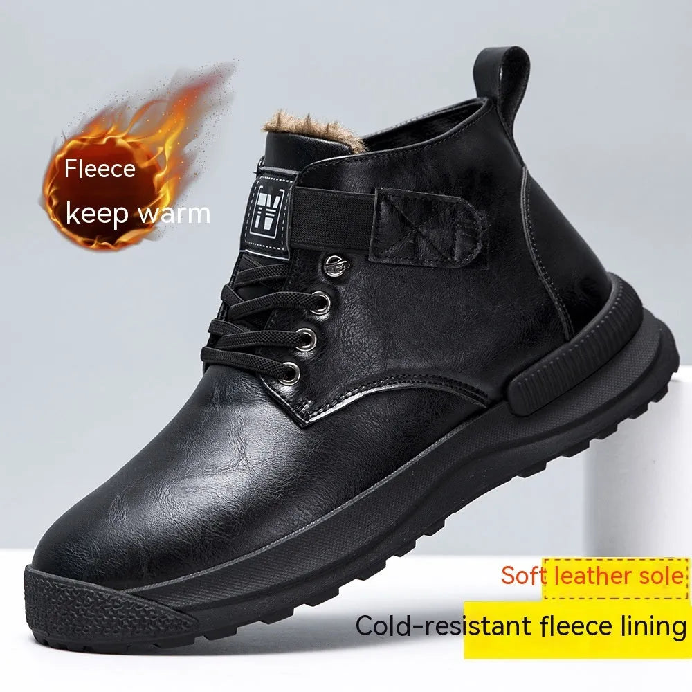 Men's black high-top platform Martin Boots with velvet-like PU upper and rubber sole