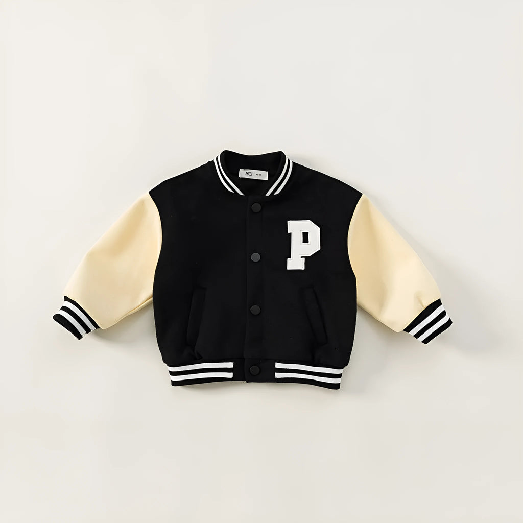 Black thickened velvet winter coat for children with round collar and letters pattern, front view