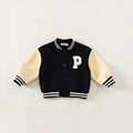 Black thickened velvet winter coat for children with round collar and letters pattern, front view