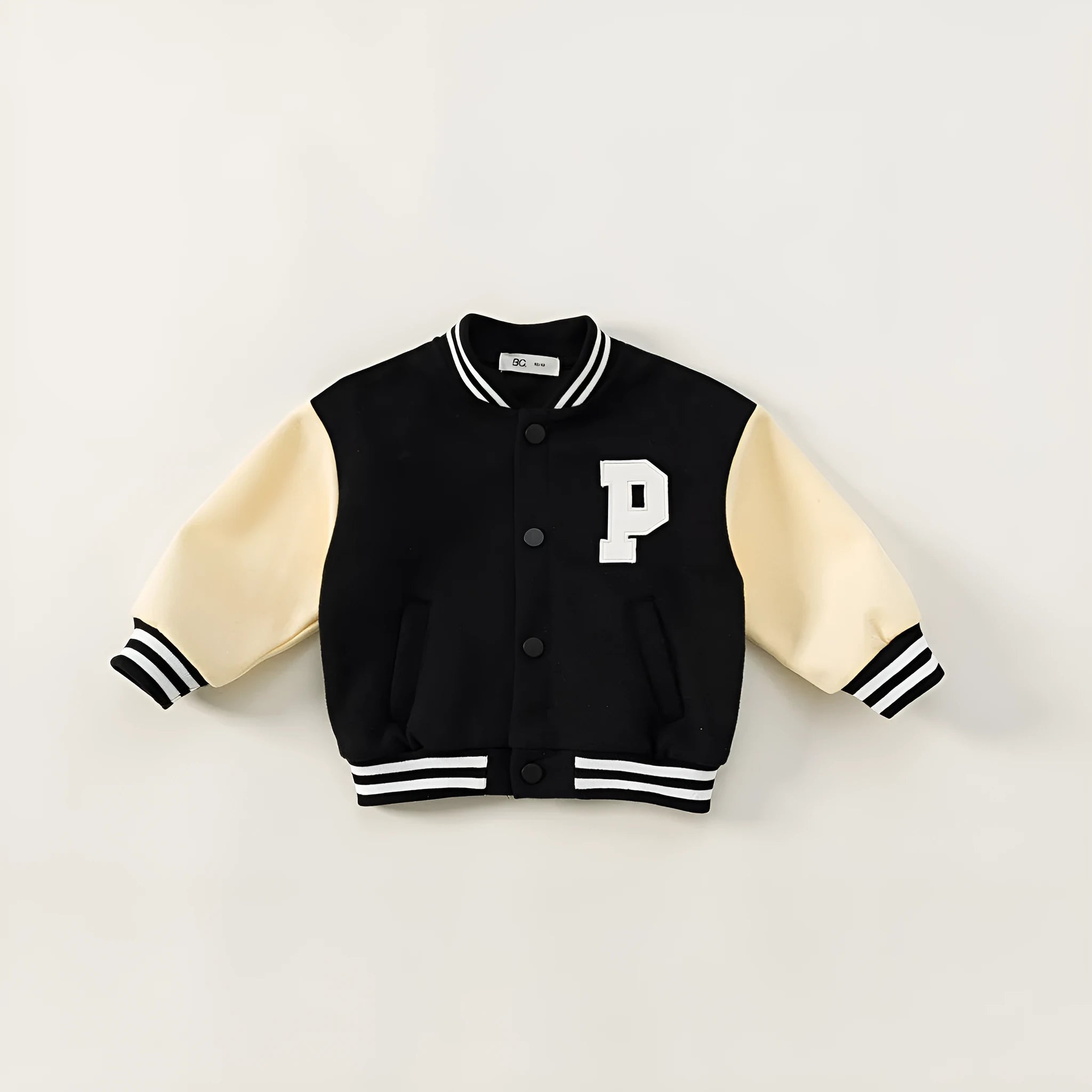 Black thickened velvet winter coat for children with round collar and letters pattern, front view