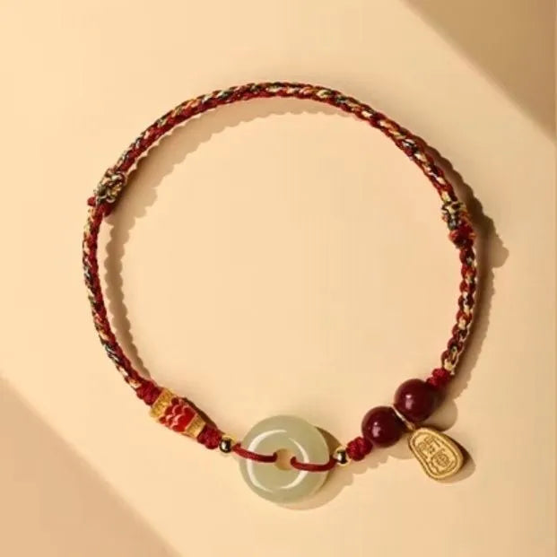 Hetian jade peace buckle bracelet with 10mm beads on adjustable braided rope in three colour options