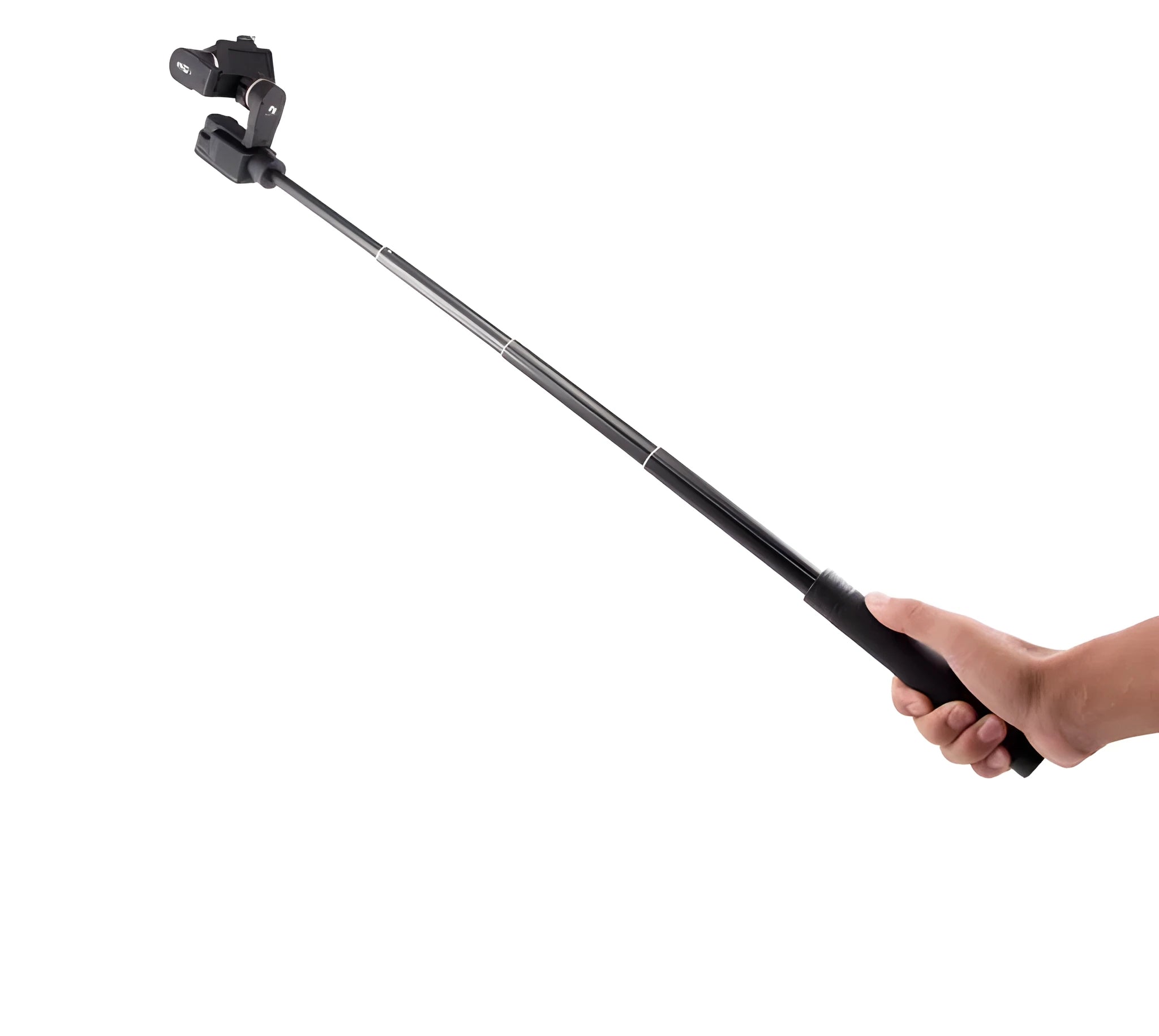 Black retractable aluminium selfie stick with foam grip, shown extended and collapsed.
