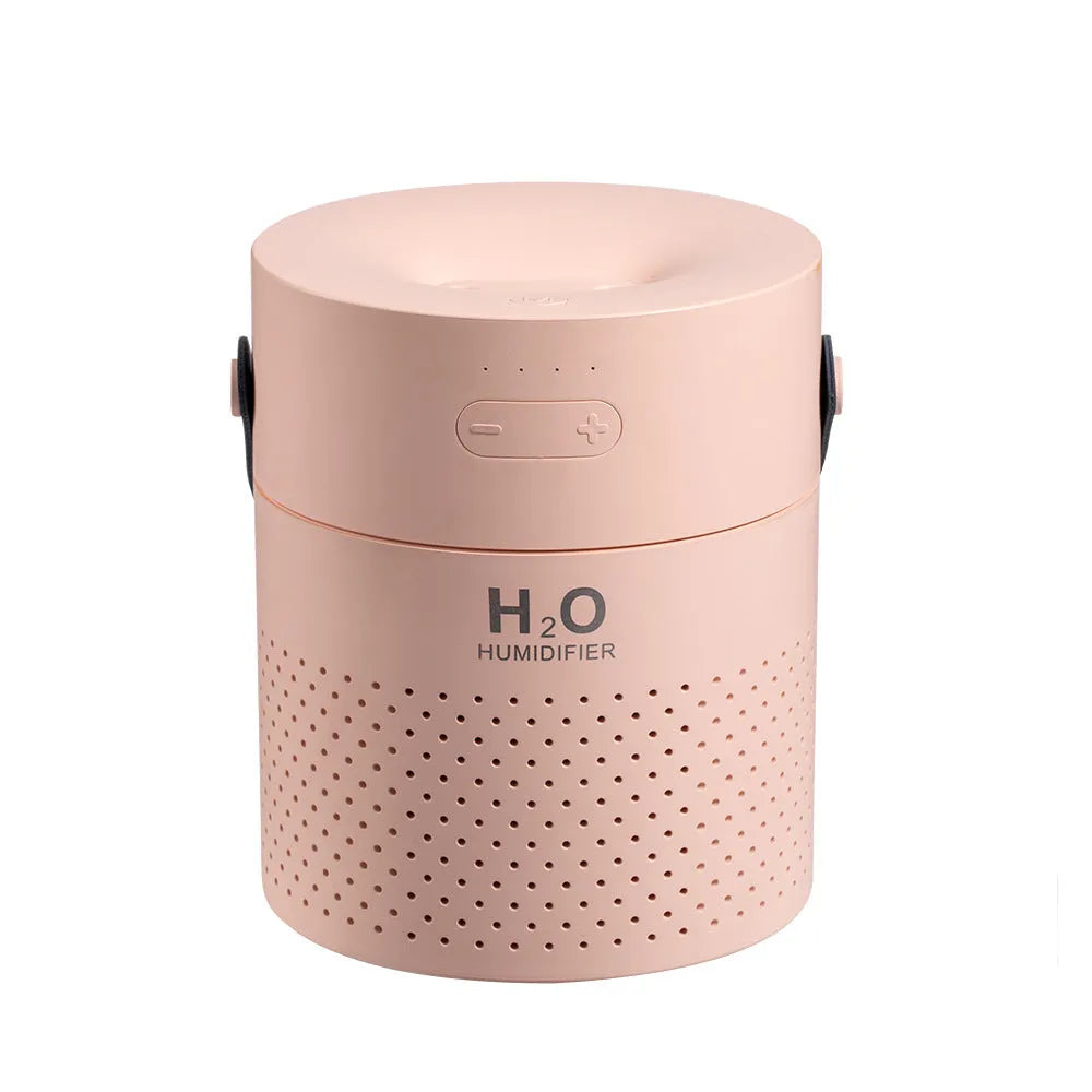 Slim-line USB rechargeable bedroom humidifier with 1.1L tank in green, grey, pink, or white colour options.