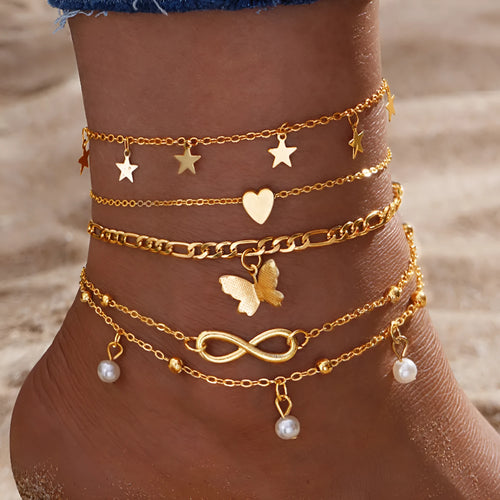Butterfly Pearl Heart anklet set of 4 multi-layer alloy foot chain women's simple style