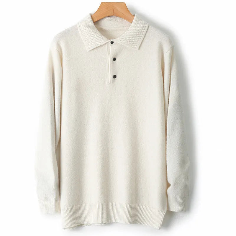 Men's grey wool pullover sweater with a polo collar and long sleeves, showing collage stitch detail.